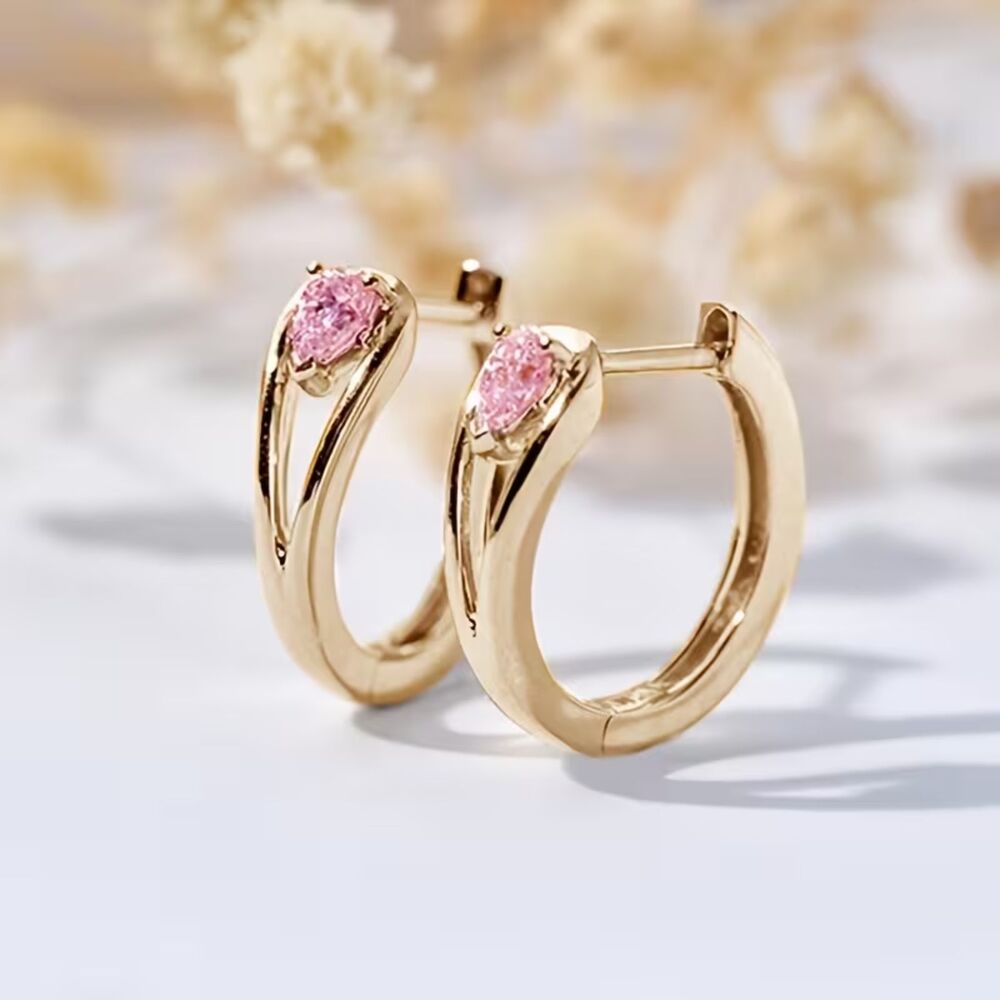 Pink Zirconia Crystal Gold Hoop Earrings Teardrop Gemstone Secure Hinge Lghtwght